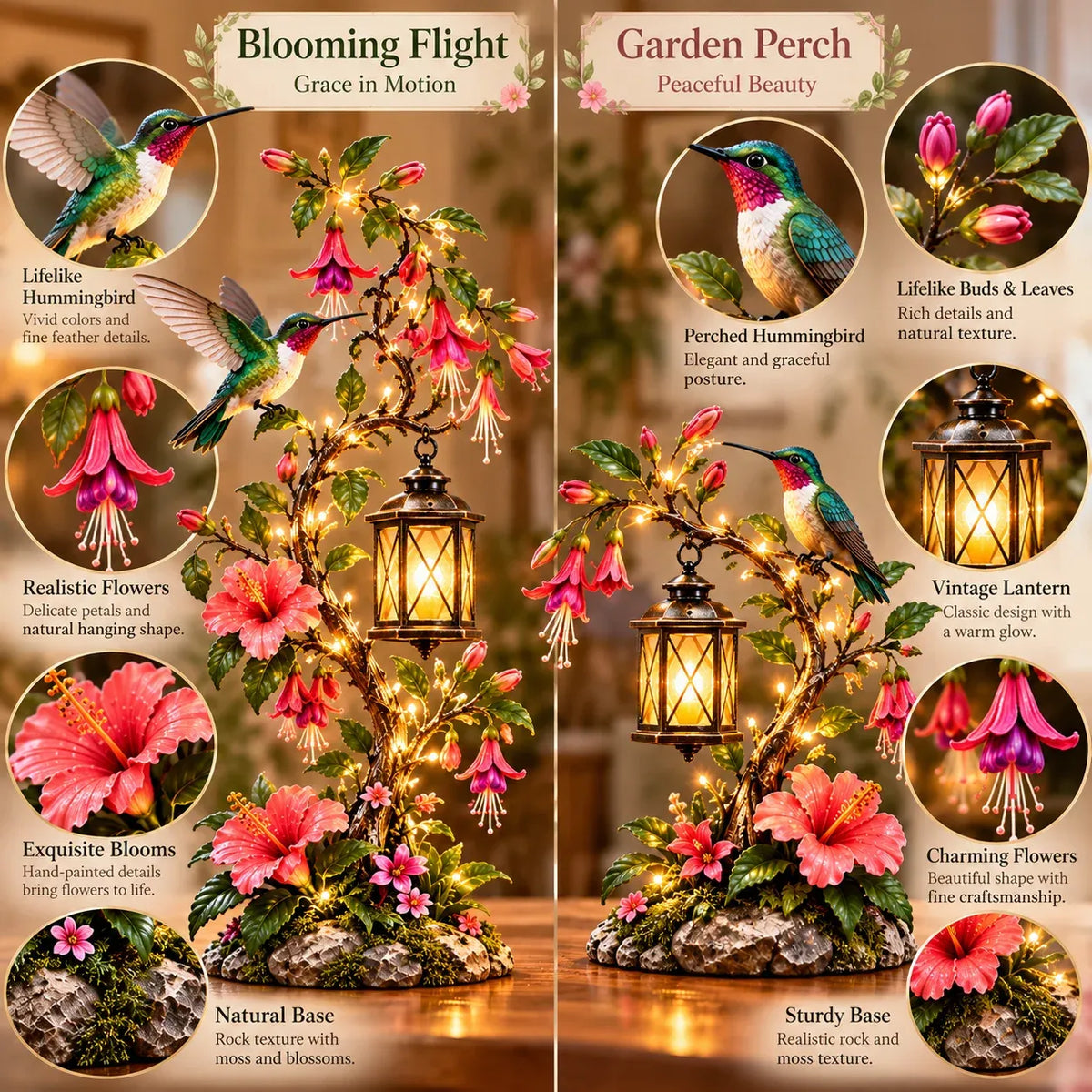 🌸 Hummingbird Garden Lantern – Lighted Floral Tabletop Decor with Warm LED Glow