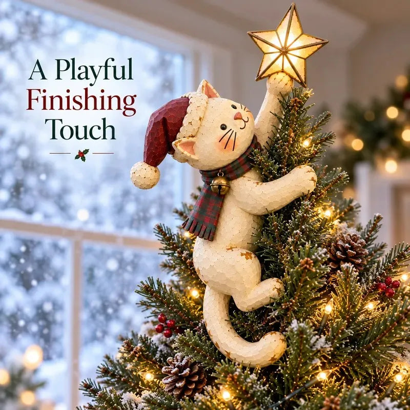 🎄 Lighted Christmas Cat Tree Topper – Climbing Kitty with Glowing Star