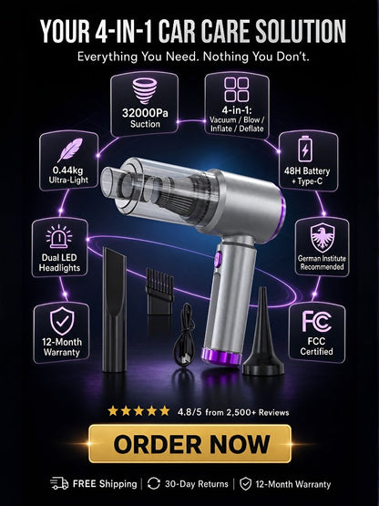 Multifunctional high-power car vacuum cleaner and air inflator