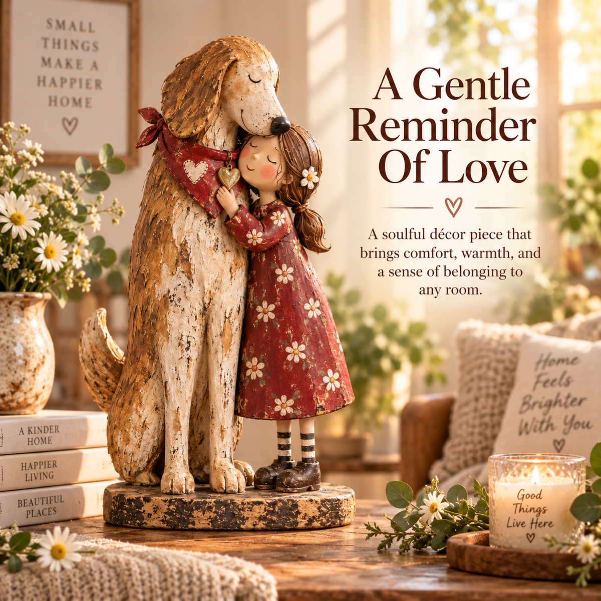 🐾 "Home Is Who Holds You" Girl & Rescued Dog Keepsake – Sentimental Folk Art Figurine ❤️