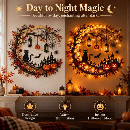 🚚 FREE SHIPPING 🎃 Enchanting Halloween Crescent Moon Wall Light with Black Cat & LED Lanterns 🐈