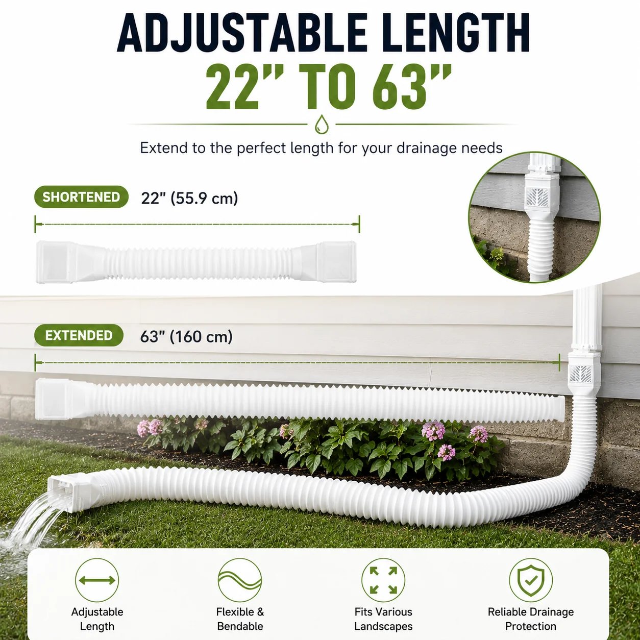 🌧️ Flexible Downspout Extension Kit – 22–63in Rainwater Drainage Pipe