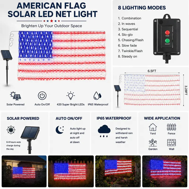 🇺🇸✨ 390 LED Solar Flag Lights – Waterproof Patriotic Decor with Remote & USB | 4th of July Yard 🚀