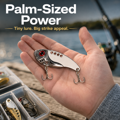 Blade-style lure with 3D red eyes; a rigid, action-adjustable spoon-style lure