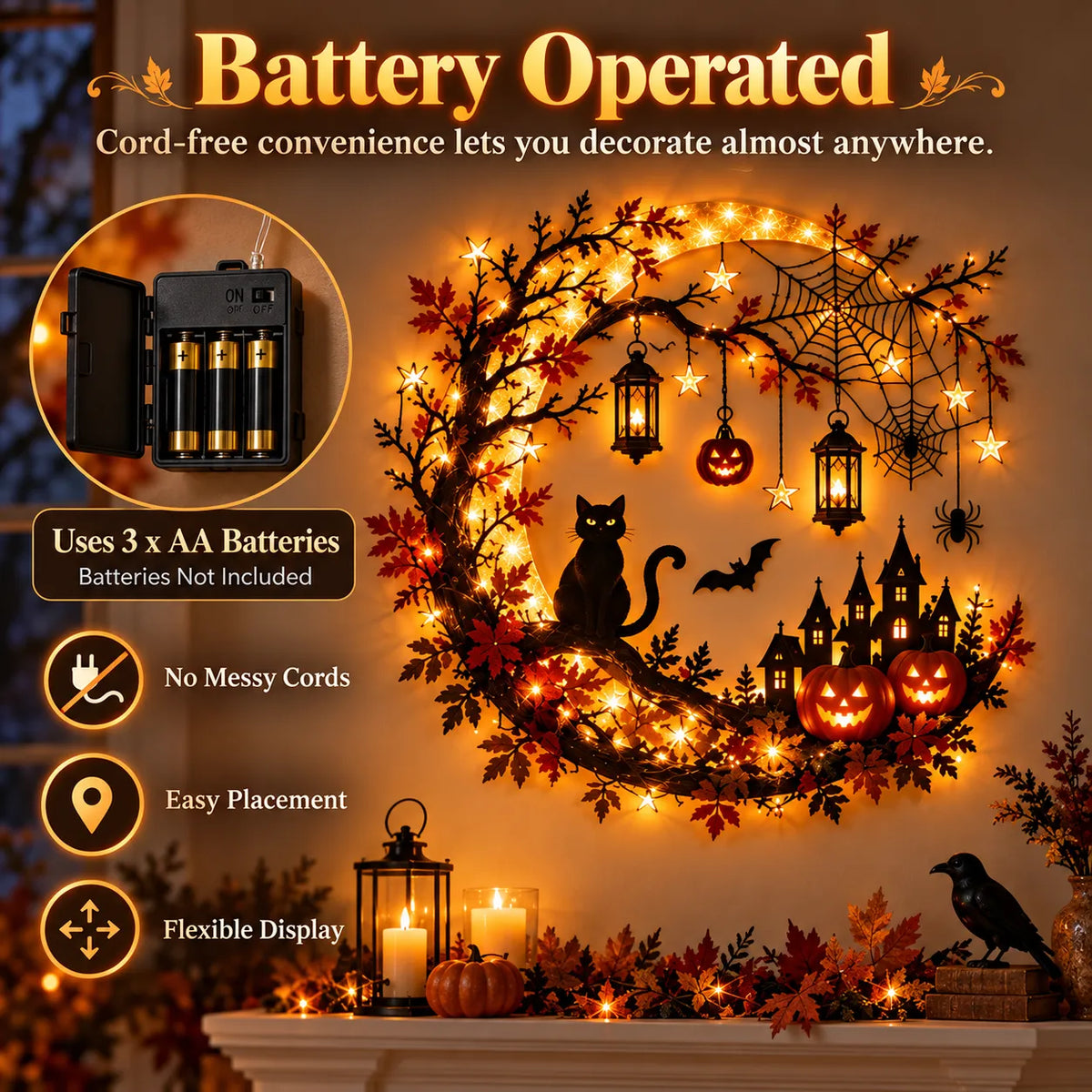 🚚 FREE SHIPPING 🎃 Enchanting Halloween Crescent Moon Wall Light with Black Cat & LED Lanterns 🐈