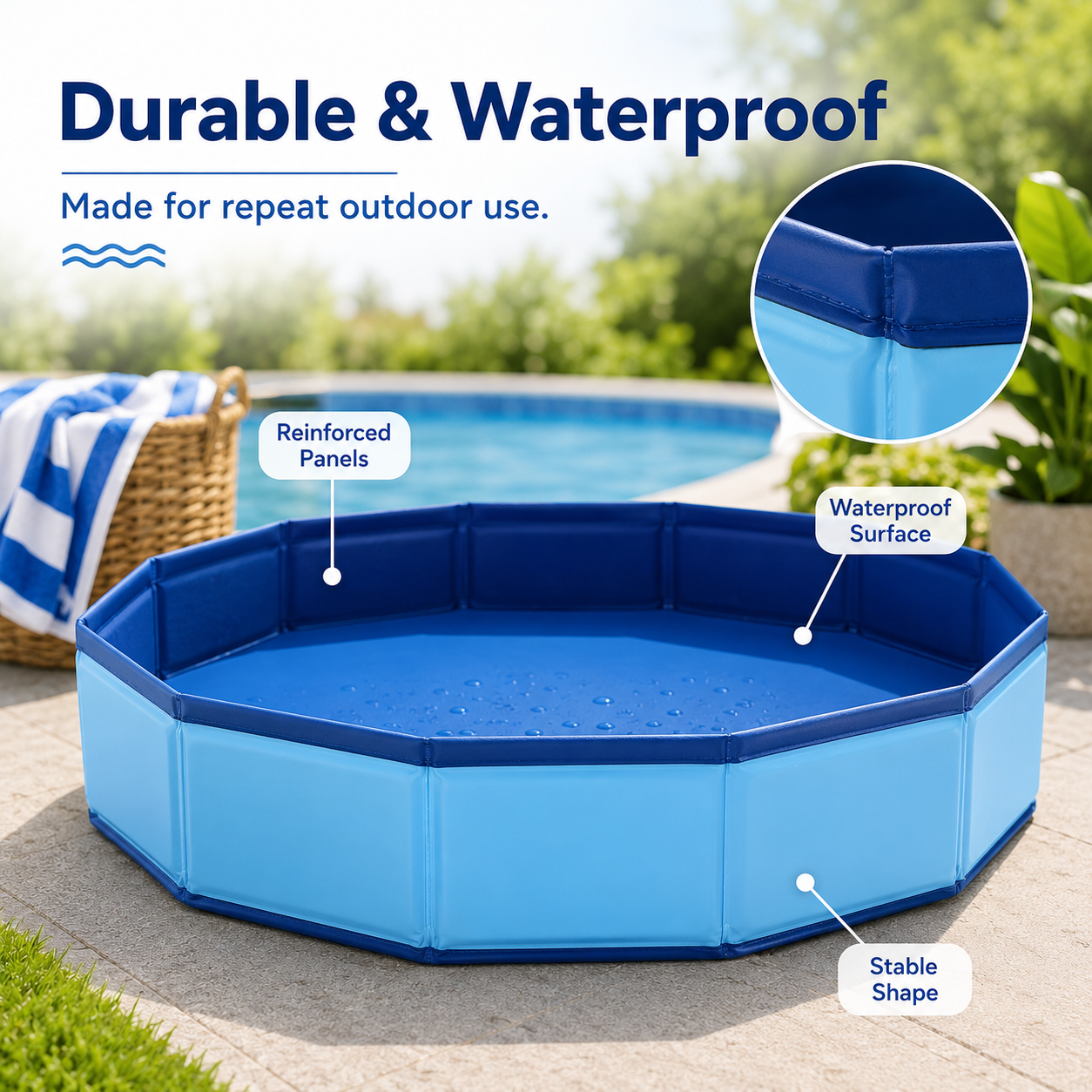 Pool Foot Bath—A non-inflatable, foldable, and stowable foot bath designed for use with pool entry ladders