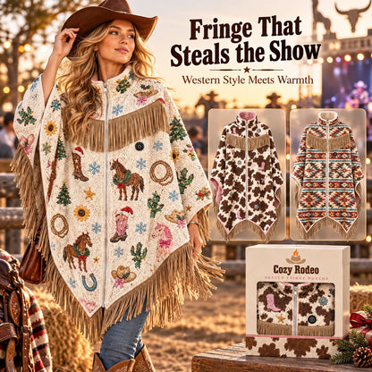 🤠 Heated Sherpa Fringe Poncho – 3 Heat Settings, Cozy Western Cowgirl Wrap in 3 Prints 🔥
