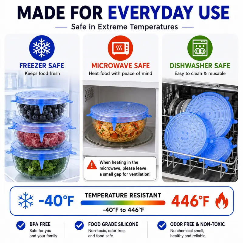🥗 6-Pack Silicone Stretch Lids – Reusable, BPA-Free & Leak-Proof Covers for Bowls, Pots, Cups & Fruits