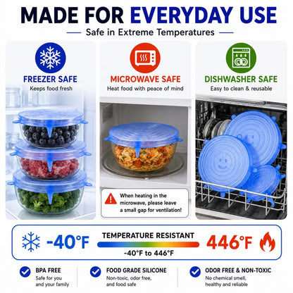 🥗 6-Pack Silicone Stretch Lids – Reusable, BPA-Free & Leak-Proof Covers for Bowls, Pots, Cups & Fruits