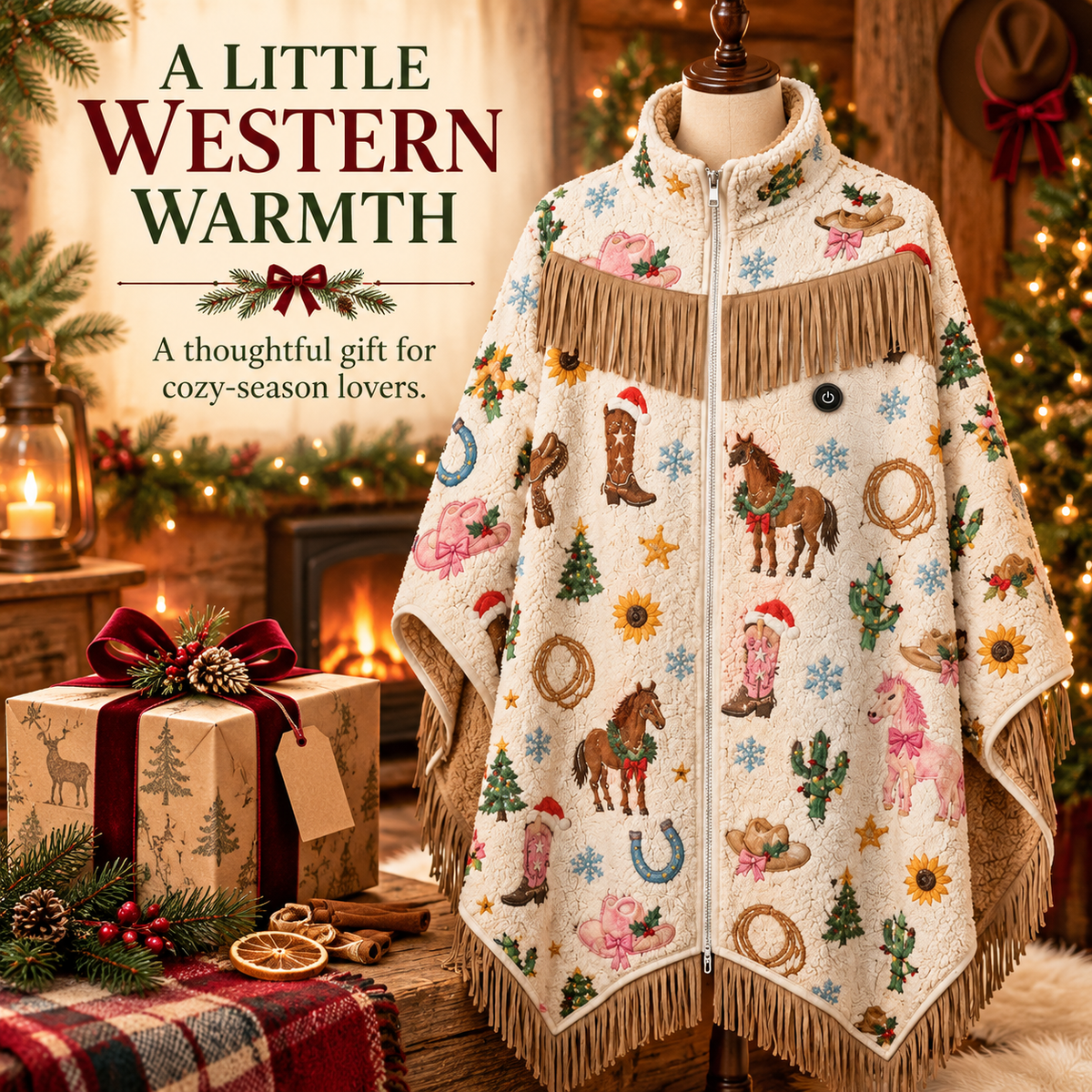 🔥 Heated Western Fringe Poncho – 3 Heat Levels, USB Powered Cowgirl Wrap