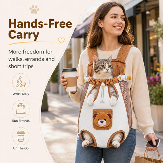 🎉Cute Bear Design Front Pet Carrier Backpack, Breathable Adjustable Hands-Free Travel Chest Bag for Cats Small Dogs Walking Shopping Vet Visits