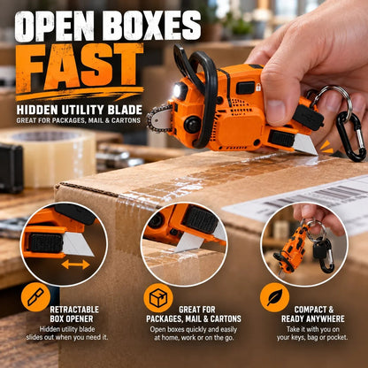 Mini Chainsaw Keychain Multi-Tool – Rechargeable LED Flashlight & Retractable Utility Cutter