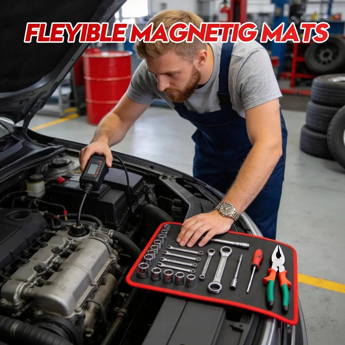 🛠️Flexible Magnetic Tool Mat & Tray Holder - Magnetic Tool Tray, Flexible Magnetic Mat, PVC & Non-Slip for Garage Workshop, Auto Repair Tools