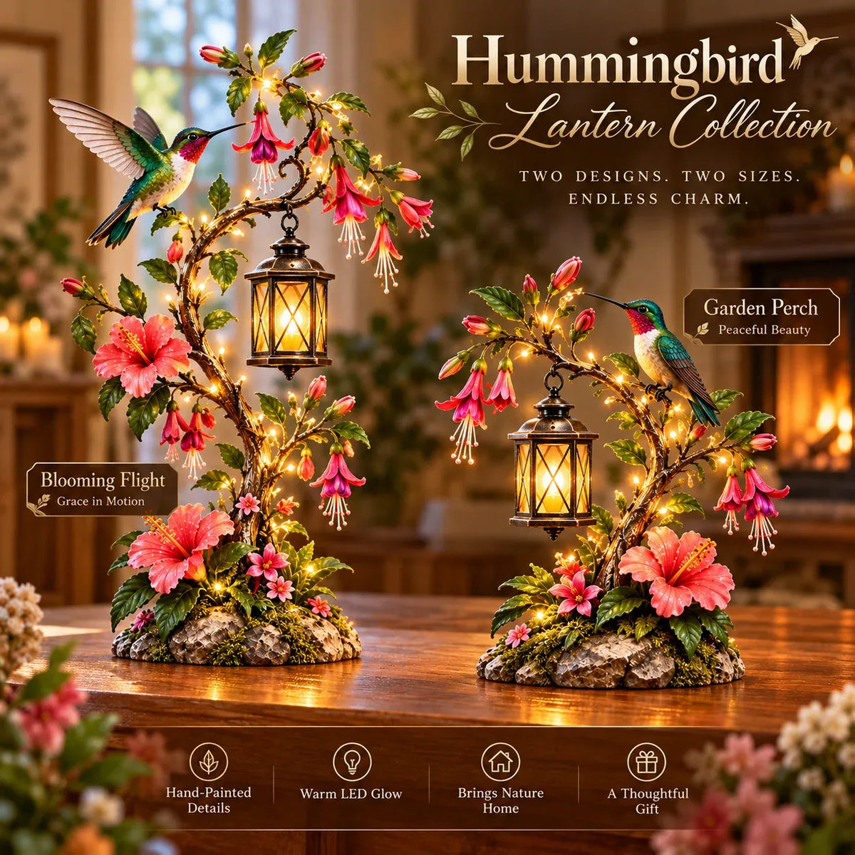 🌸 Hummingbird Garden Lantern – Lighted Floral Tabletop Decor with Warm LED Glow