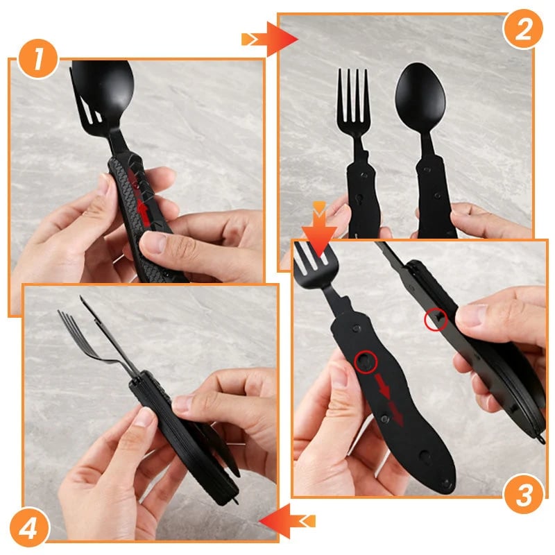 🏕️ 4-In-1 Folding Camping Utensil Set – Spoon, Fork, Knife & Bottle Opener
