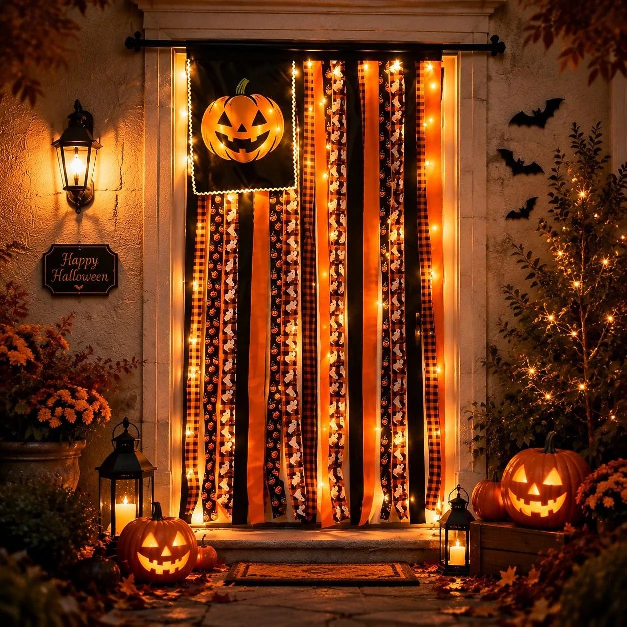 🎉Halloween Banner Flag Pre-Lit Pumpkin Fabric Ribbon Garland Streamers