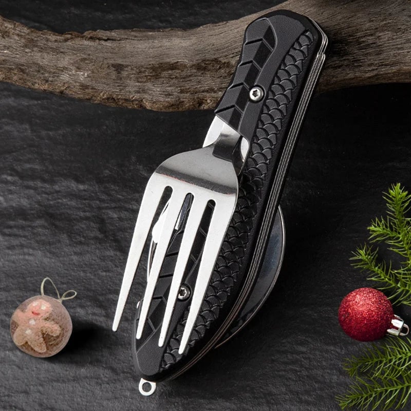 🏕️ 4-In-1 Folding Camping Utensil Set – Spoon, Fork, Knife & Bottle Opener