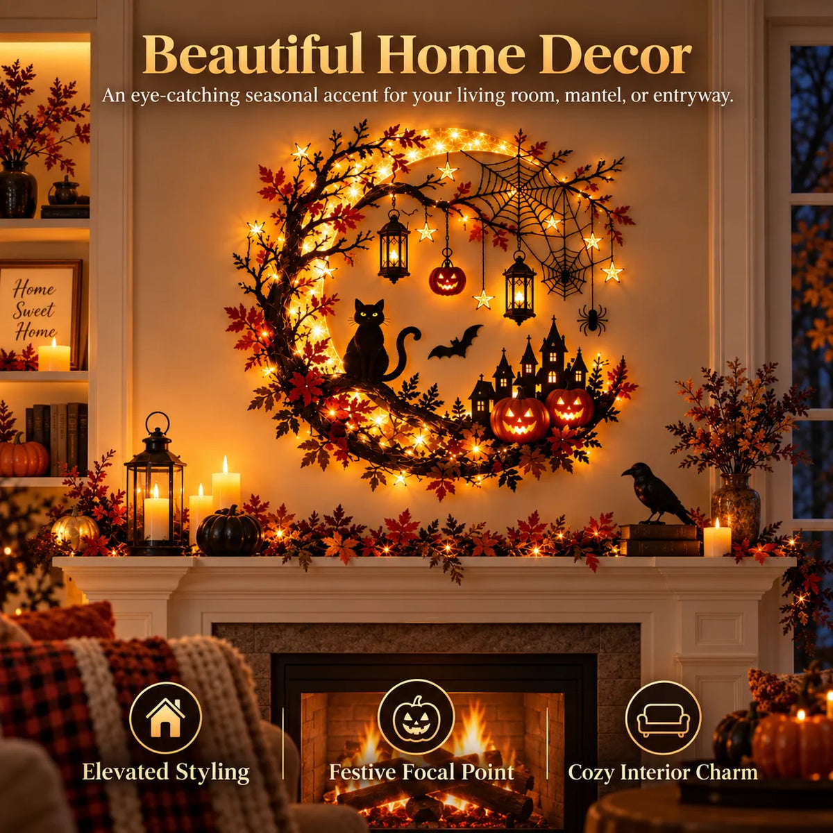 🚚 FREE SHIPPING 🎃 Enchanting Halloween Crescent Moon Wall Light with Black Cat & LED Lanterns 🐈