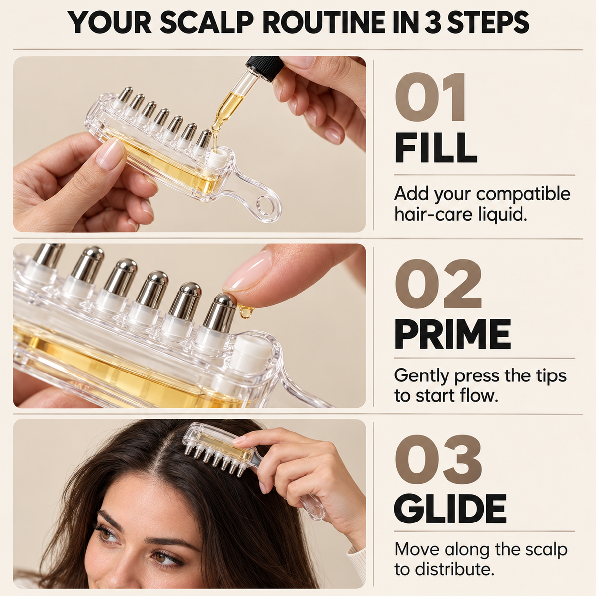 💧 2-in-1 Scalp Serum Applicator Comb – Refillable Root Applicator with Roller Massage