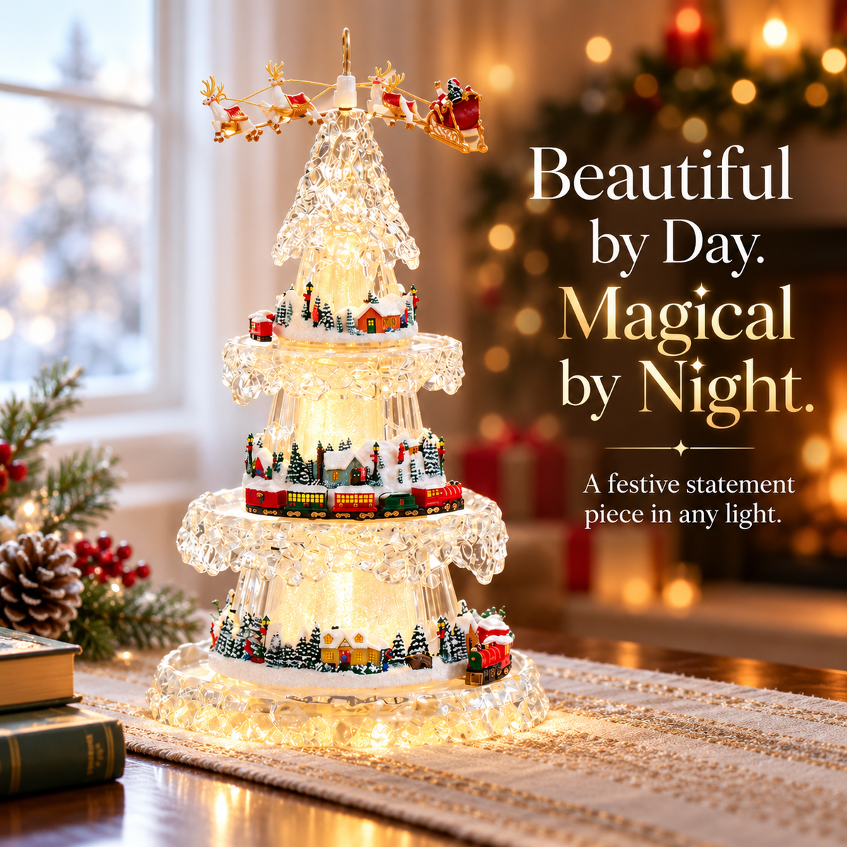 Musical Christmas Tree with Animated Train – Light-Up Acrylic Holiday Village Tabletop Decoration