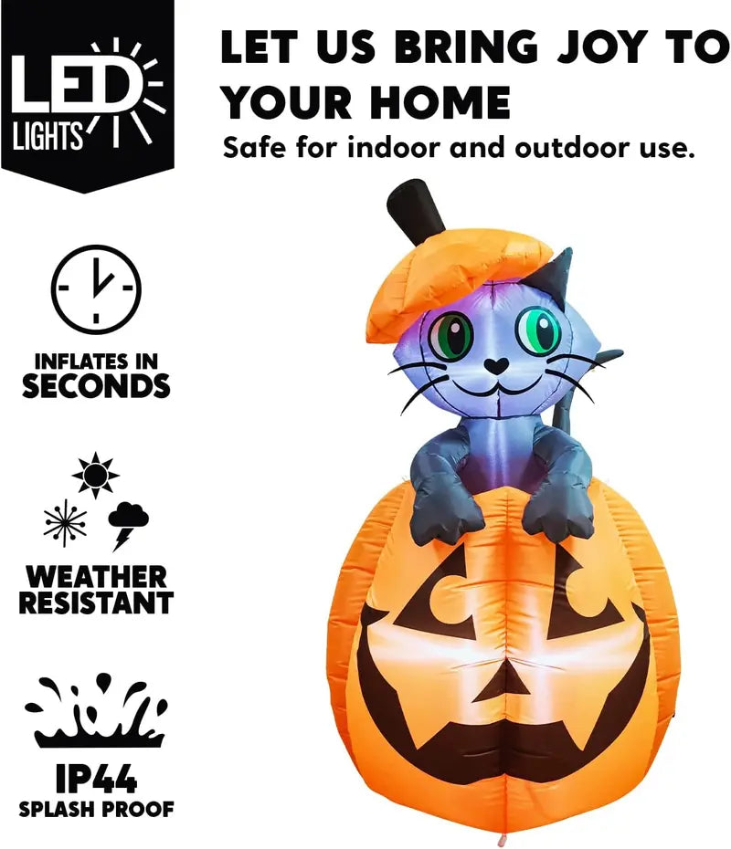 🎃 5ft Animated Inflatable Cat On Pumpkin – Light-Up Halloween Yard Decor 🐈‍⬛
