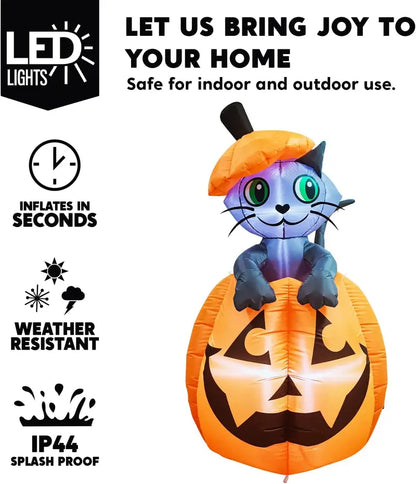 🎃 5ft Animated Inflatable Cat On Pumpkin – Light-Up Halloween Yard Decor 🐈‍⬛
