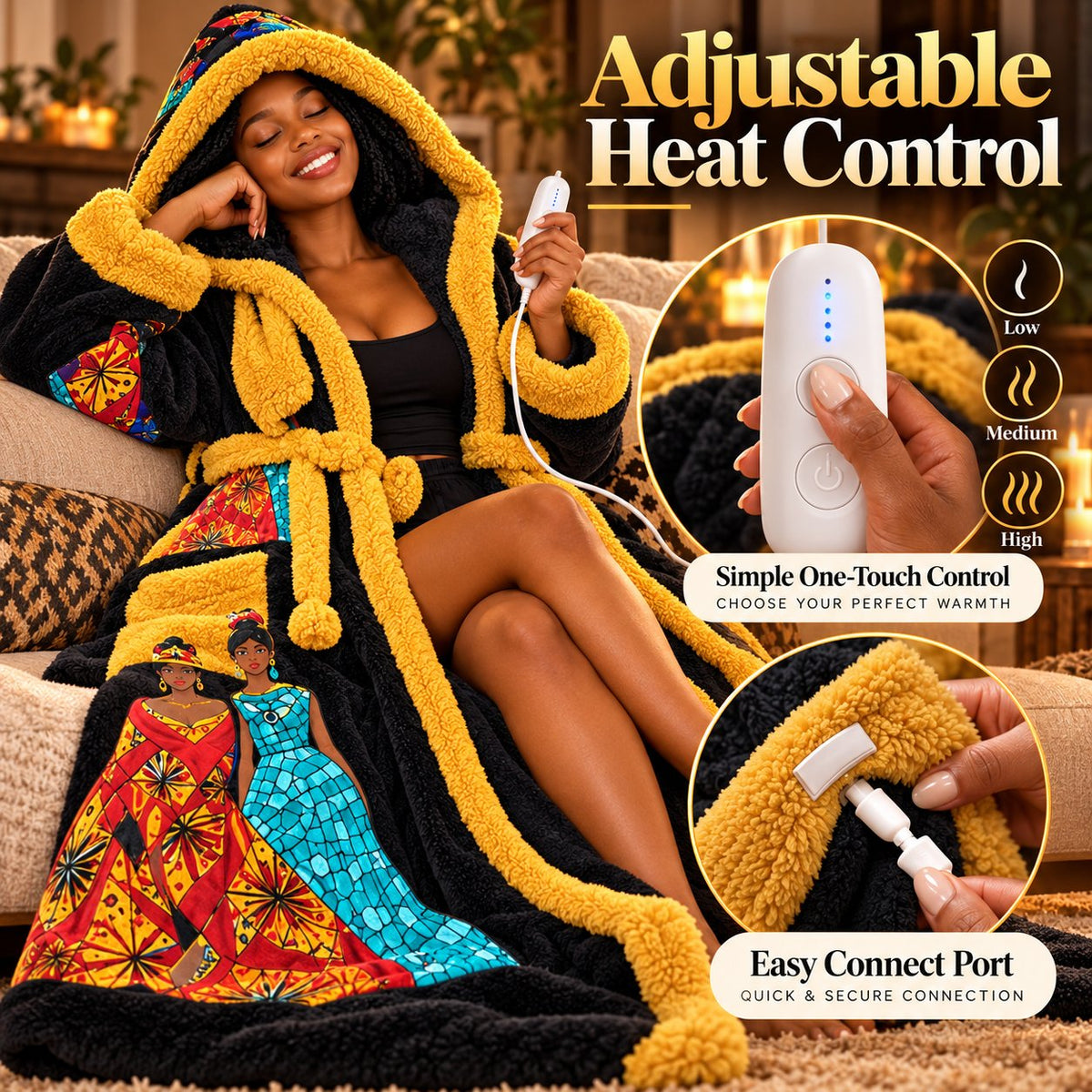 🔥 Heated Wearable Blanket Robe – Ultra-Soft Plush Hooded Bathrobe with Adjustable Heat