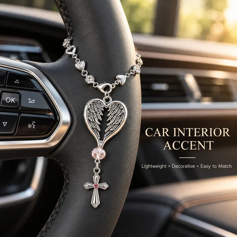 💗 50% OFF Angel Wing Heart Car Charm with Cross & Pink Crystal