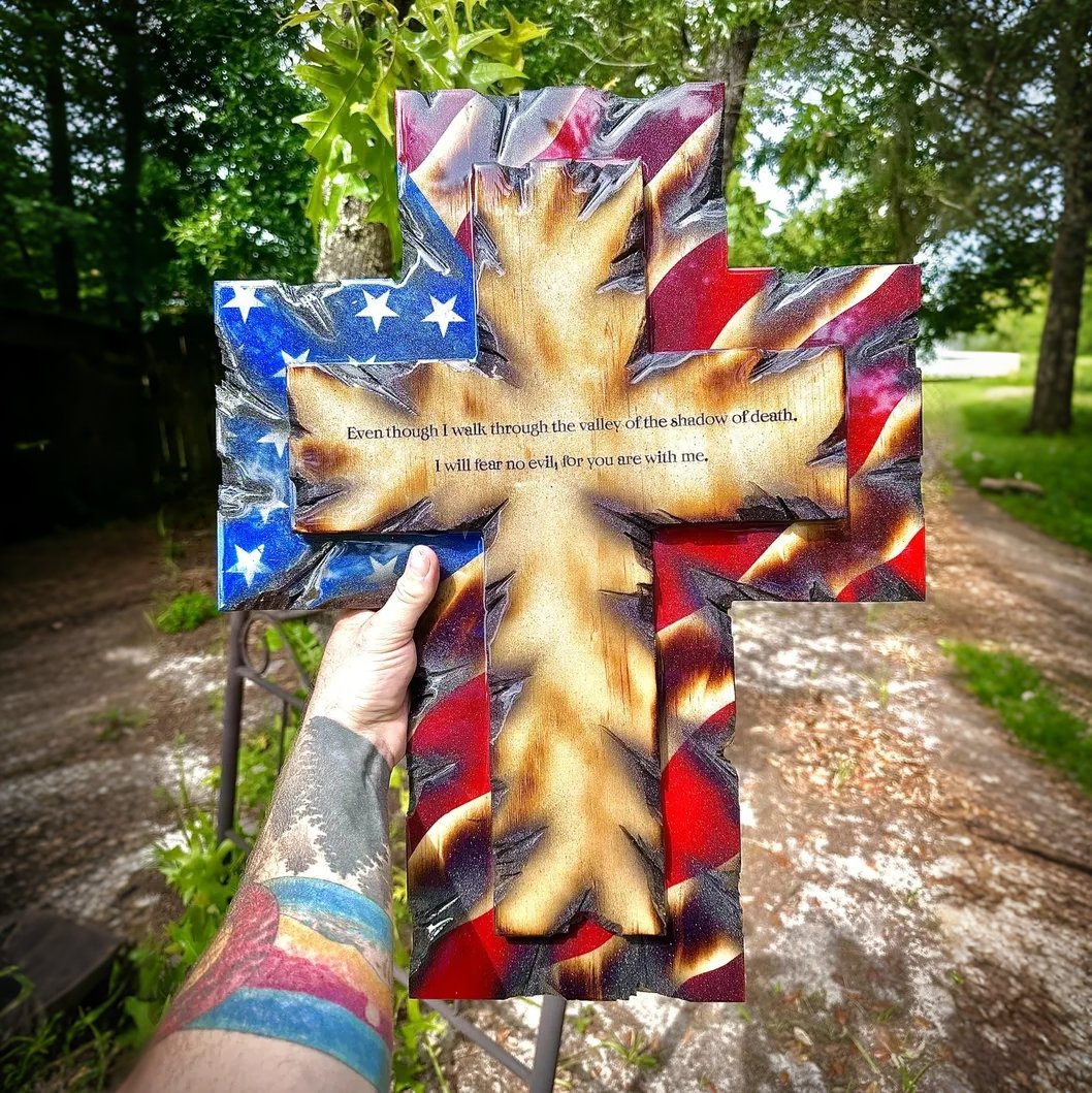 ✝️ Patriotic American Flag Wooden Cross Wall Decor | Psalm 23 Faith Gift