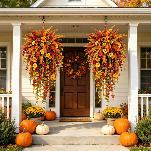 🔥On Sale Only Today 🍂 🍁 Fall Artificial Hanging Flower Basket Set for Front Door Porch Decor 🍂