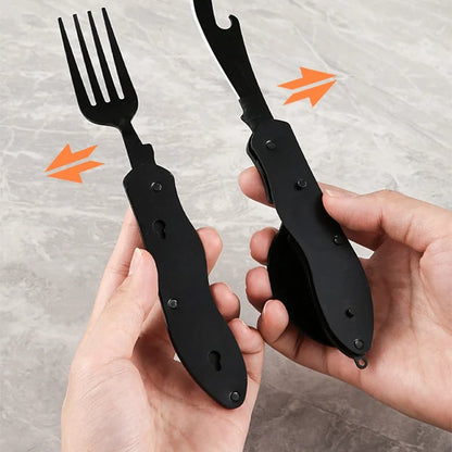 🏕️ 4-In-1 Folding Camping Utensil Set – Spoon, Fork, Knife & Bottle Opener