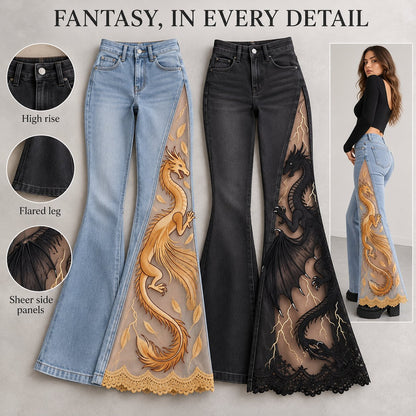 ✨ Women's Sheer Panel Jeans 🖤 Delicate Dragon Embroidery