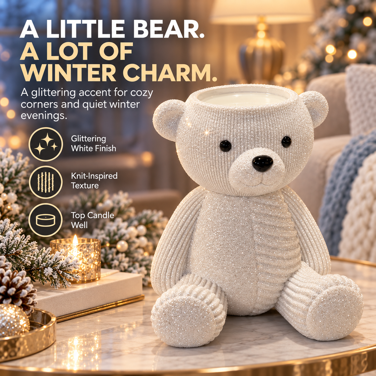 🐻White Glitter Teddy Bear 3-Wick Candle Holder – Cozy Christmas Tabletop Décor🎄