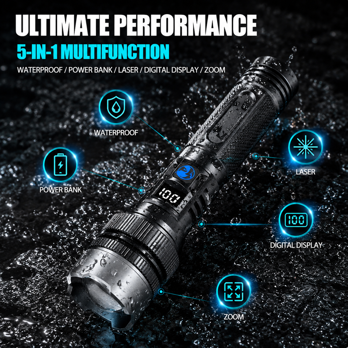 🔦 Rechargeable LED Flashlight – Zoom Beam & Power Bank Function 🔋