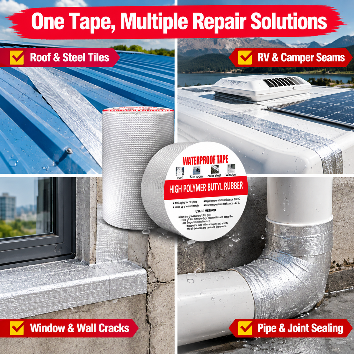 🛠️ Waterproof Self-Adhesive Butyl Repair Tape with Foil Backing 💧