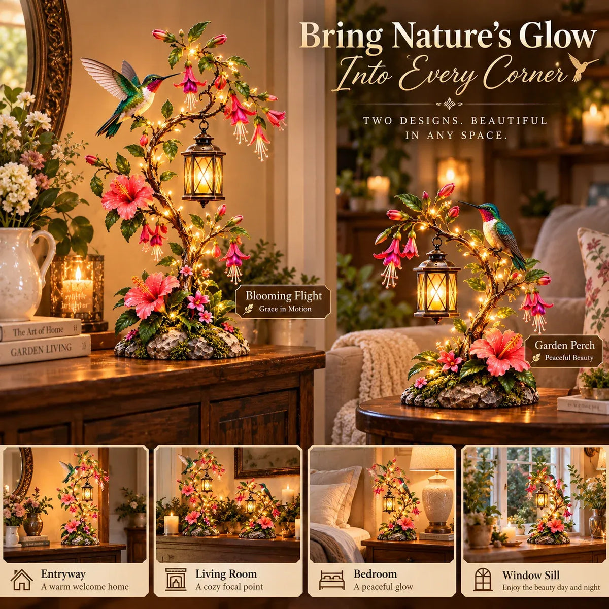 🌸 Hummingbird Garden Lantern – Lighted Floral Tabletop Decor with Warm LED Glow