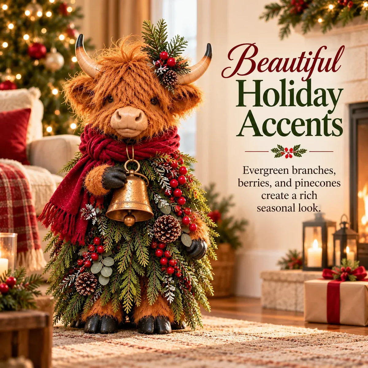 🎄 Christmas Highland Cow Figurine 🔔 Vintage Bell, Burgundy Scarf & Evergreen Accents