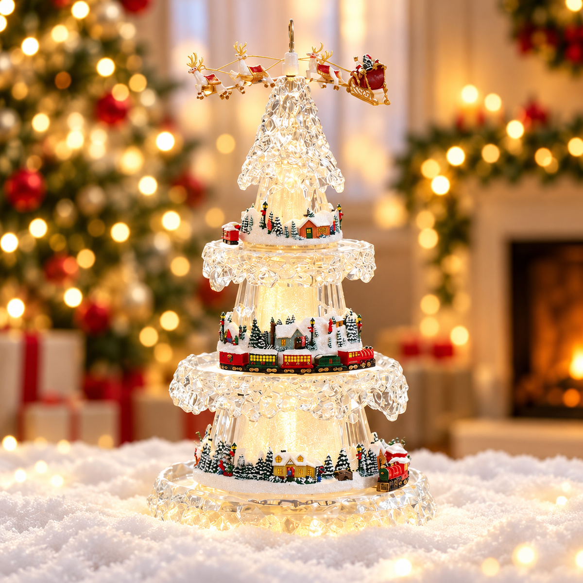 Musical Christmas Tree with Animated Train – Light-Up Acrylic Holiday Village Tabletop Decoration