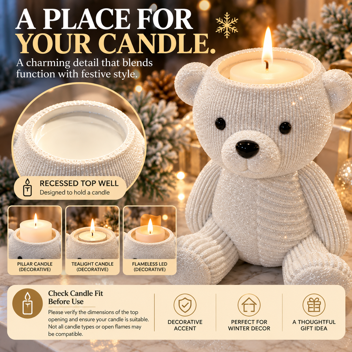 🐻White Glitter Teddy Bear 3-Wick Candle Holder – Cozy Christmas Tabletop Décor🎄
