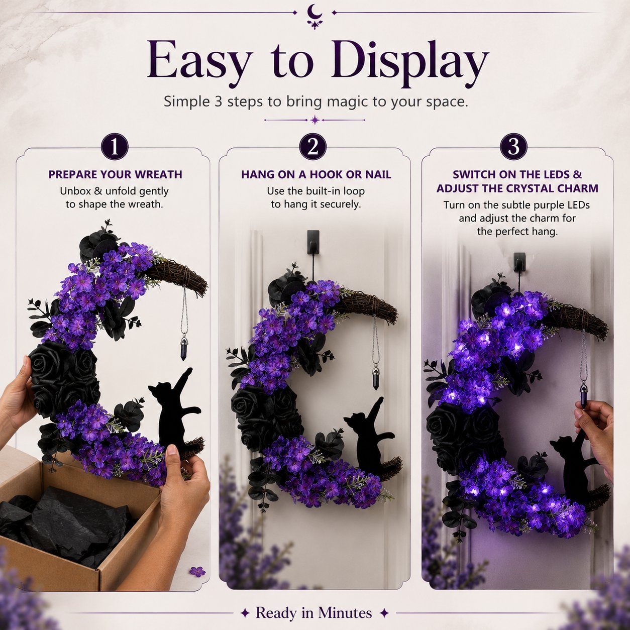 🌙 Halloween Crescent Moon Cat Wreath – Add A Witchy Purple Glow To Your Door 🐈‍⬛
