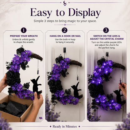 🌙 Halloween Crescent Moon Cat Wreath – Add A Witchy Purple Glow To Your Door 🐈‍⬛