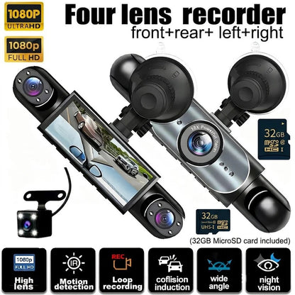 🚗 4-Channel 360° Dash Camera – Front, Rear, Side & Cabin Recording 🛡️