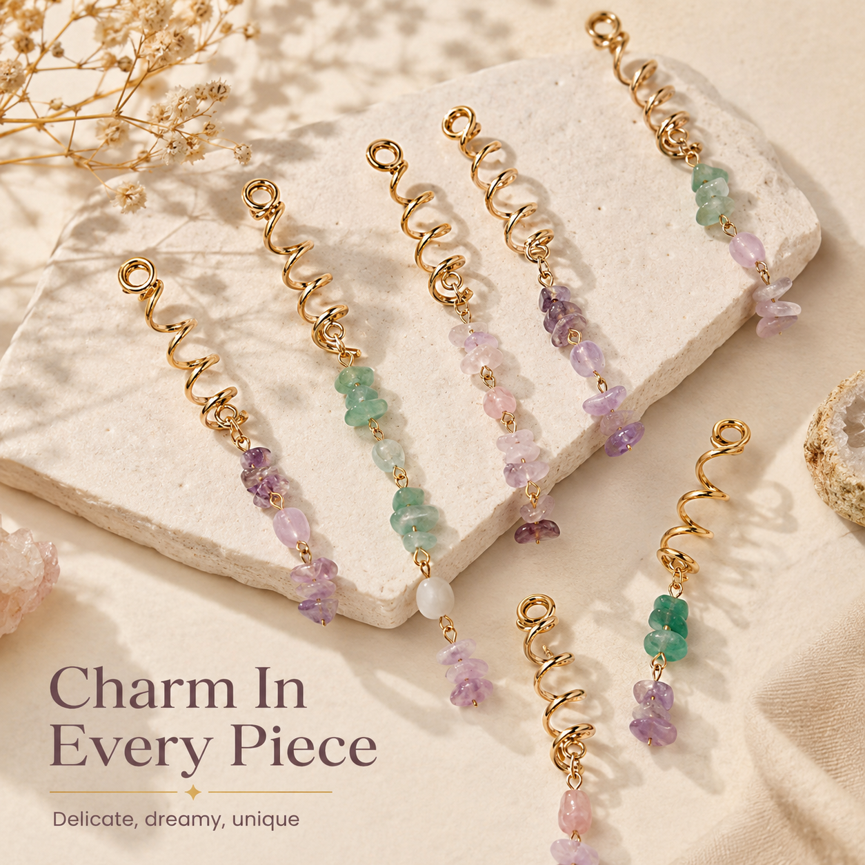 European and American-style bold braided hair ties with unique natural stone pendants