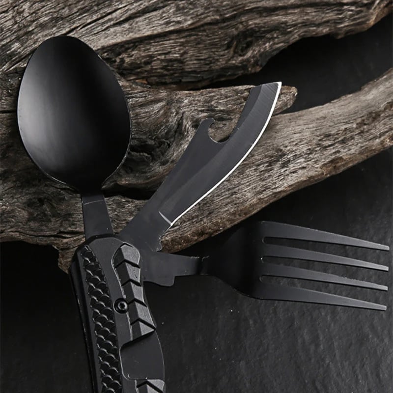 🏕️ 4-In-1 Folding Camping Utensil Set – Spoon, Fork, Knife & Bottle Opener
