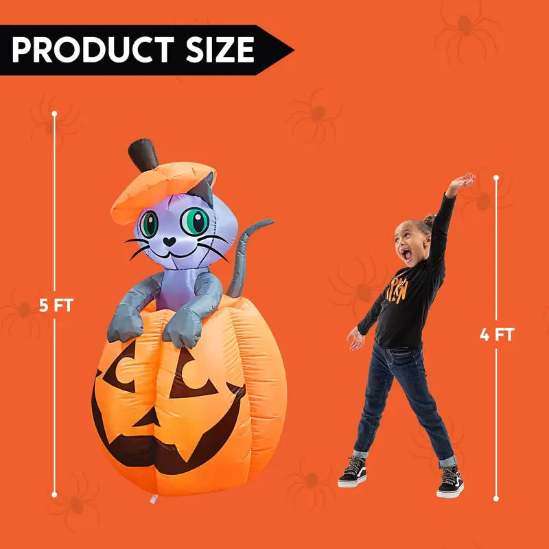 🎃 5ft Animated Inflatable Cat On Pumpkin – Light-Up Halloween Yard Decor 🐈‍⬛