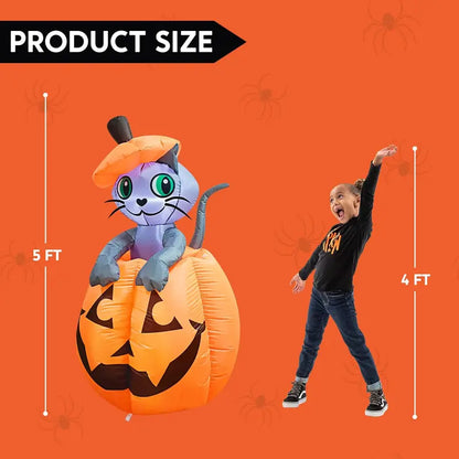 🎃 5ft Animated Inflatable Cat On Pumpkin – Light-Up Halloween Yard Decor 🐈‍⬛