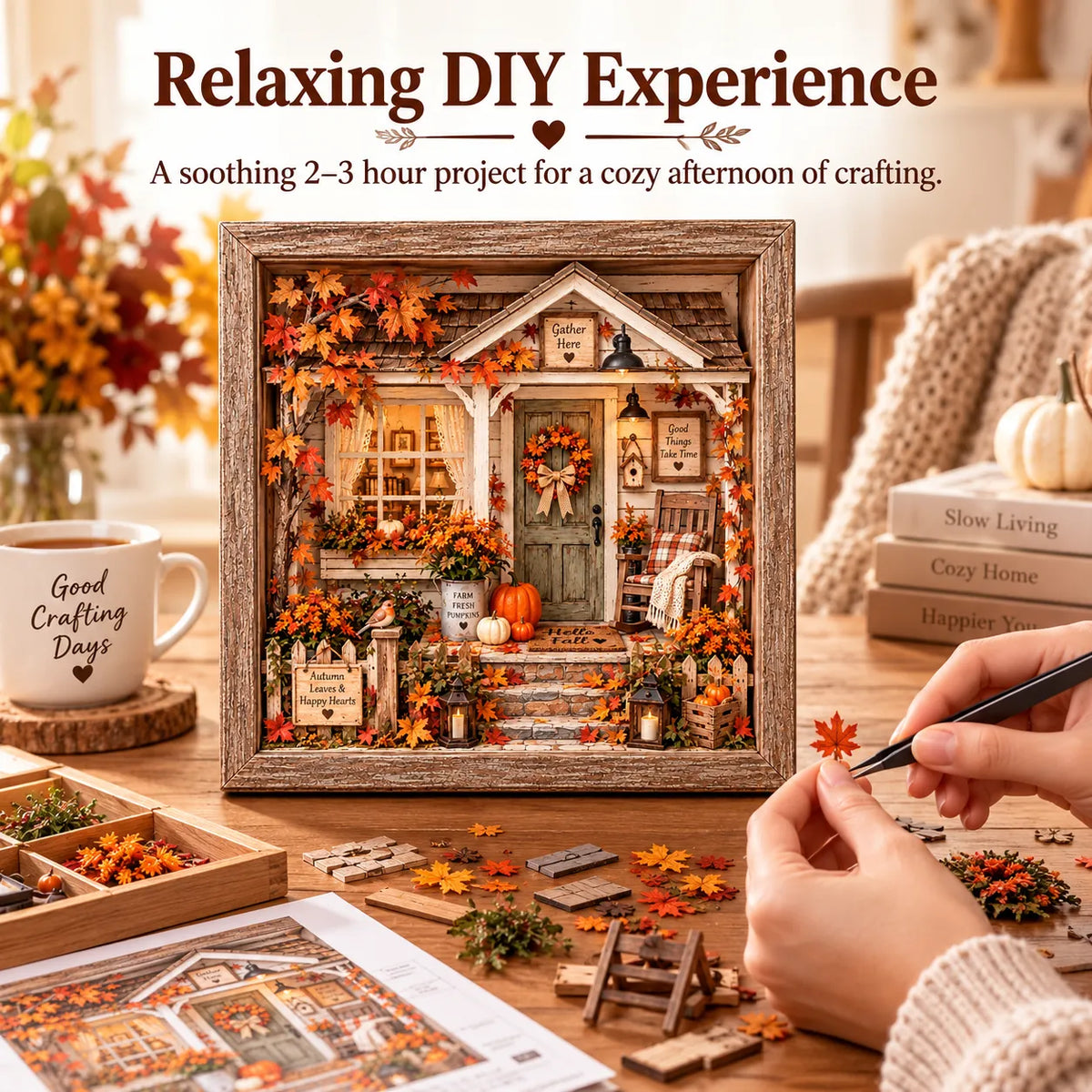 🍁 Cozy Autumn Cottage Porch 3D Miniature DIY Craft Kit | Wood & Acrylic Seasonal Decor 🎃