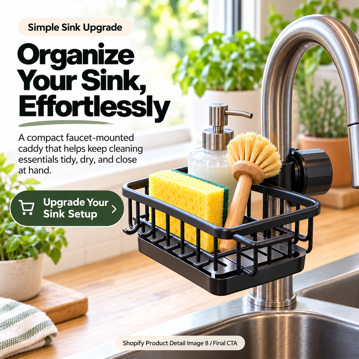 🧽✨Faucet-Mounted Kitchen Sink Organizer – Adjustable No-Drill Sponge & Brush Holder with Removable Drip Tray, Space-Saving Storage Caddy
