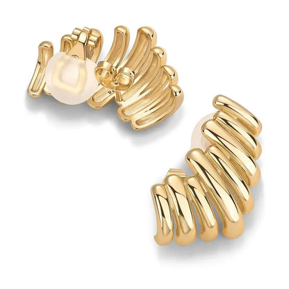 ✨ 50% OFF 14K Gold Plated Climber Stud Earrings for Women – Ribbed Statement Style