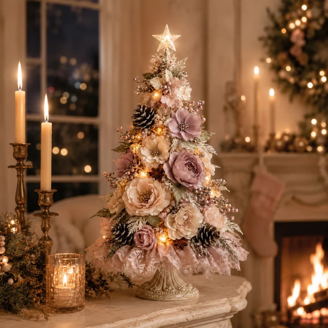 🌸 Pre-Decorated Blush Floral Tabletop Christmas Tree – Cordless Romantic Holiday Decor ✨